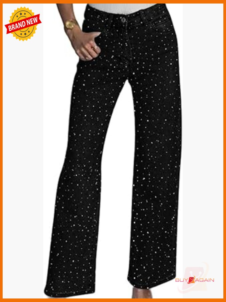 High Waisted Rhinestone Jeans Straight Wide Leg Sparkly Bling Baggy Trousers